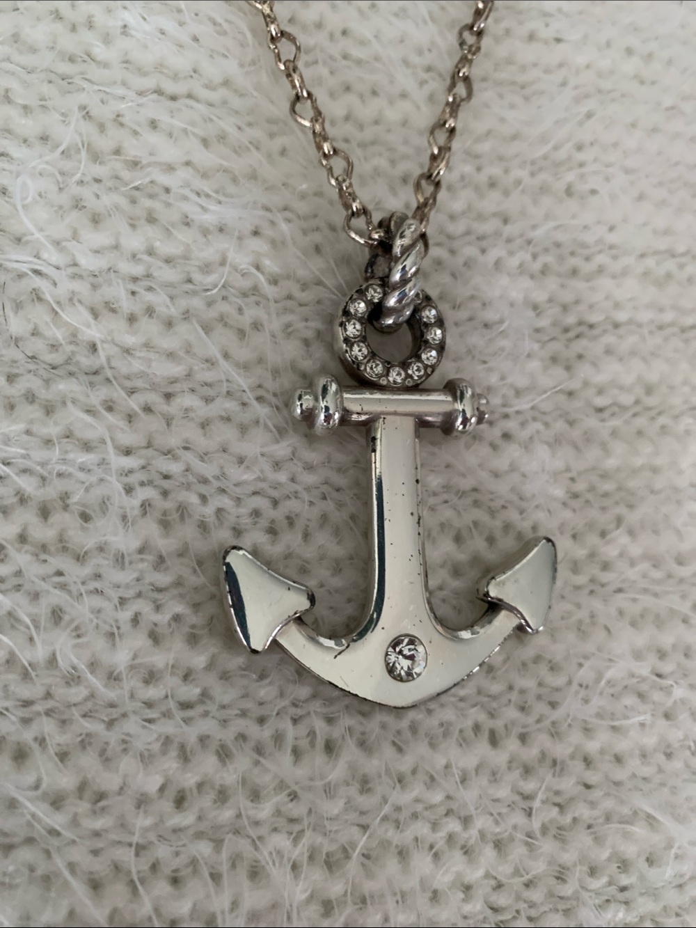 Nautical Coastal Silver Anchor & Rhinestone Necklace  16” Long Drop